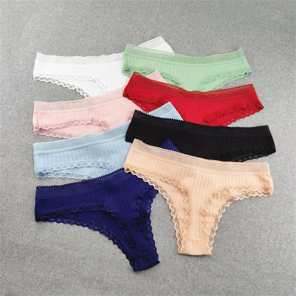 3pcs Ruffles Lace Low Waist Ribbed Cotton Thong Solid Color Women G-string Underwear Seamless Girls Tanga T-pants