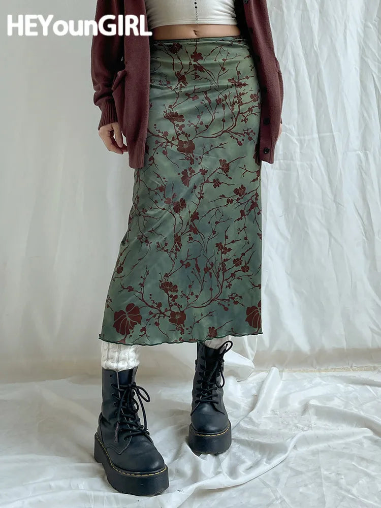 HEYounGIRL Vintage Long Skirt Green Floral Print Women Y2K High Street Grunge Fashion Elegant Mid-Calf Skirt Autumn Winter 2023