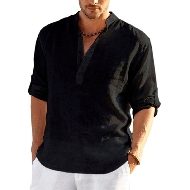 Nueva camisa de manga larga de lino para hombre, camisa de lino de algodón de manga larga informal de Color sólido, talla S-5XL