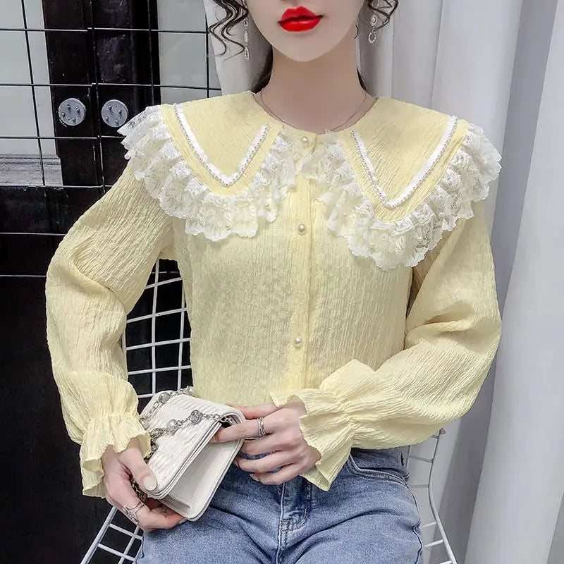 Korean Sweet Lace Patchwork Peter Pan Collar Shirt Spring Autumn Women's Clothing Casual All-match Solid Color Button Blouse