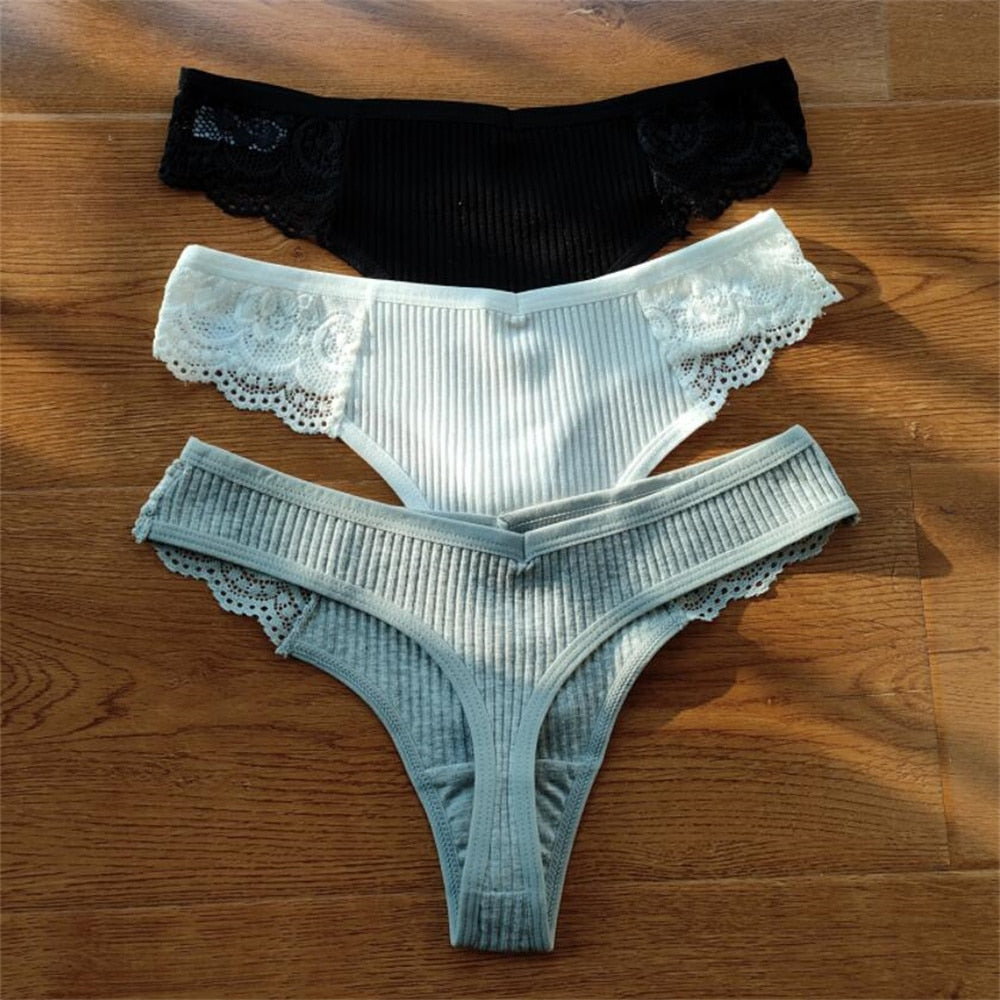 3 Pcs/Set Simple Lace Cotton Thong Women Sexy G-Strings Stripe Underwear Ladies Underpants Briefs Set