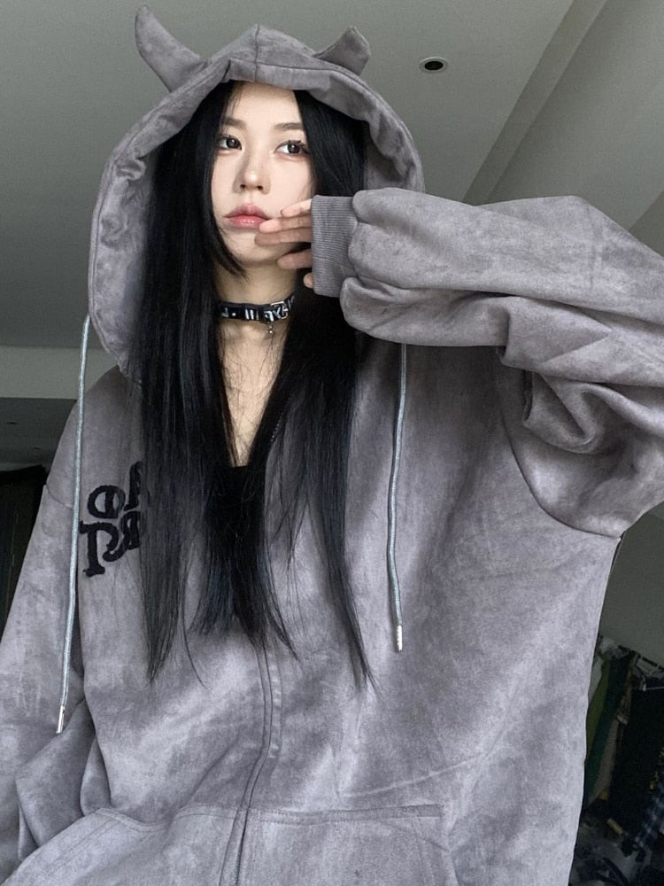 Y2K Gothic Zip Up Hoodies Women Harajuku Vintage Emo Letter Embroidery Sweatshirts Kpop Grunge Loose Casual Tops Jacket