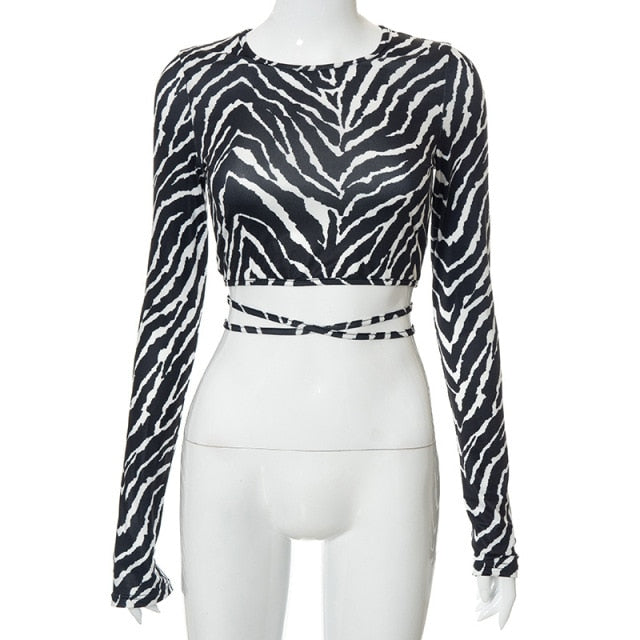 Zebra Crop Top - Sexy Backless Lace ups Pullover Tees - Negro O-cuello Slim Longsleeve - Y2K Crop Top - Streetwear Crop Top 