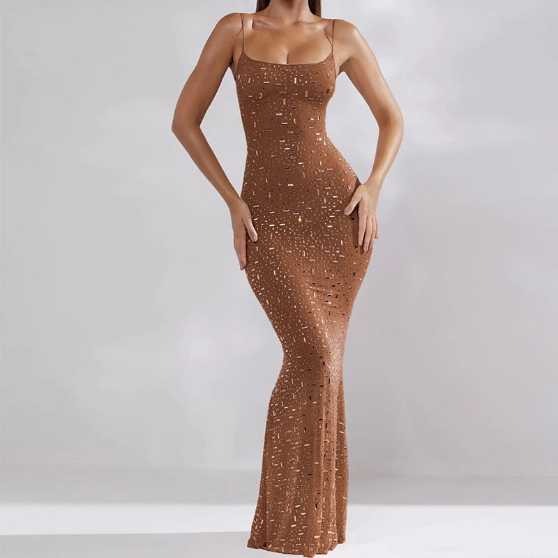 Elegant Sequin Female Maxi Dress Fashion Glitter High Waist Bodycon Sexy Diamond Backless Spaghetti Strap Birthday Night Club Ou