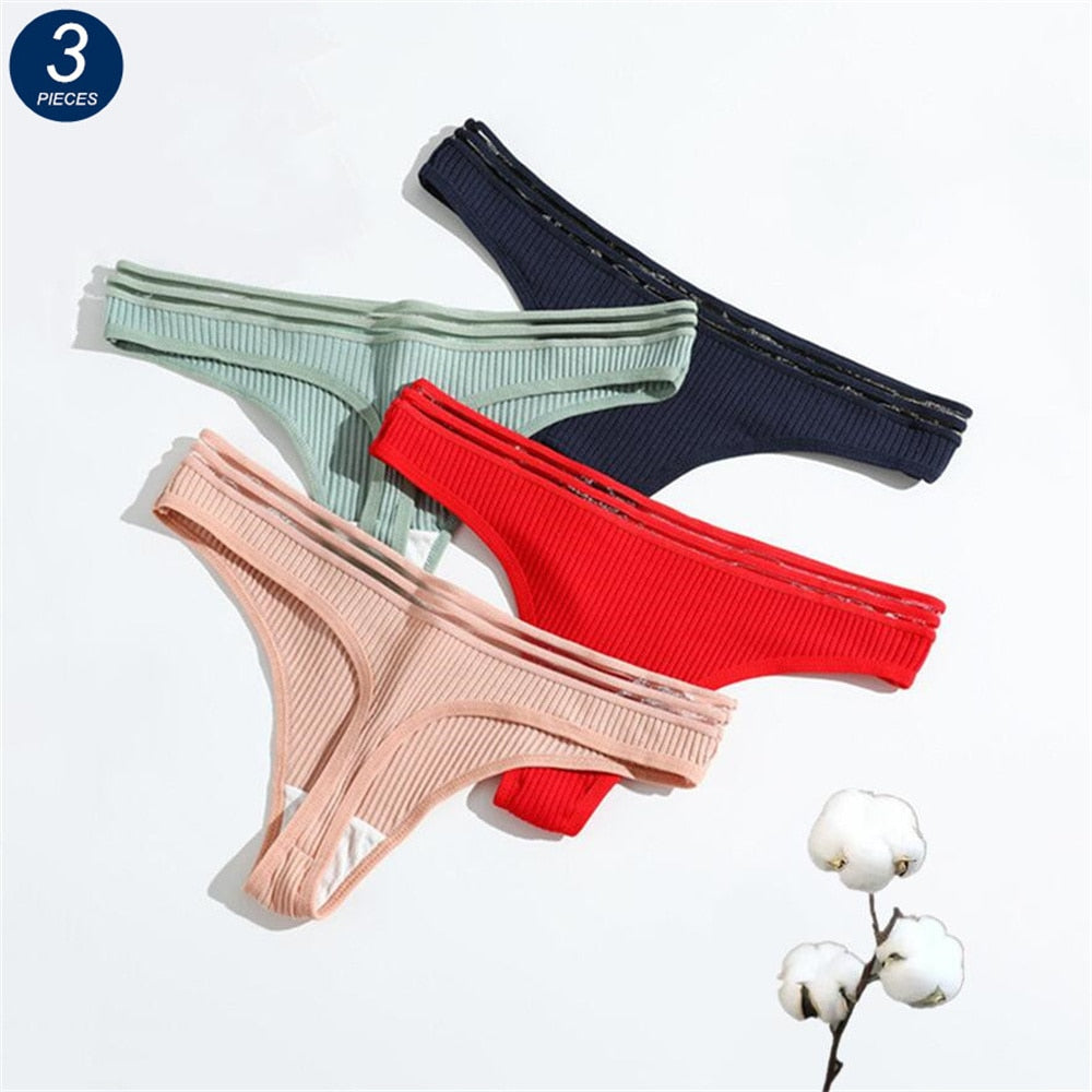 3 Pcs Ribbed Cotton Thong Women G String Sexy Underwear Breathable Gauze Waist Sports Underpants Cozy Intimate
