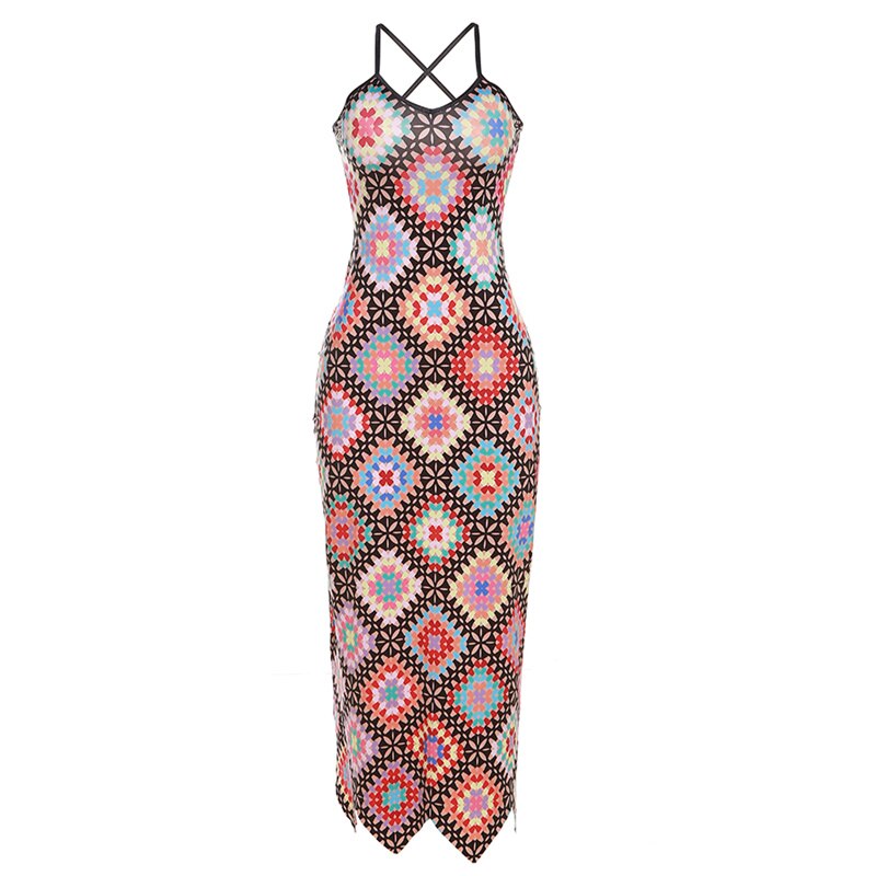 Colorful Lattice Print Maxi Dress Women Patchwork Suspender Dress Backless Lace-up Sleeveless Straight Robe Streetwear