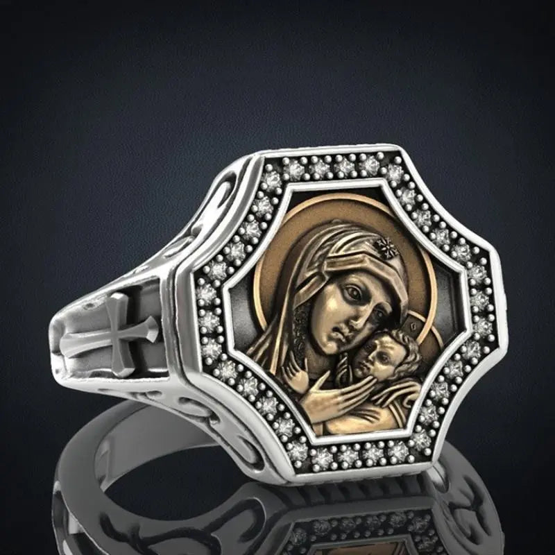 European and American Fashion Religion Virgin Mary Metal Ring for Men Women Vintage Faith Cross Amulet Jewelry Gift