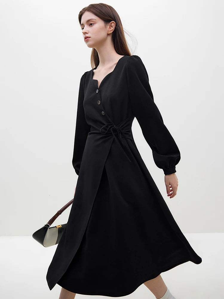 FSLE French Art Irregular Design Dress  Winter New V-neck Dress Black High Waist Full Sleeve Women Dress Casual Loose