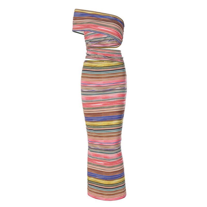 Colorful Stripes Maxi Dress Women Hollow Backless Split Diagonal Collar Female Party Vacation Streetwear Bodycon Clothing