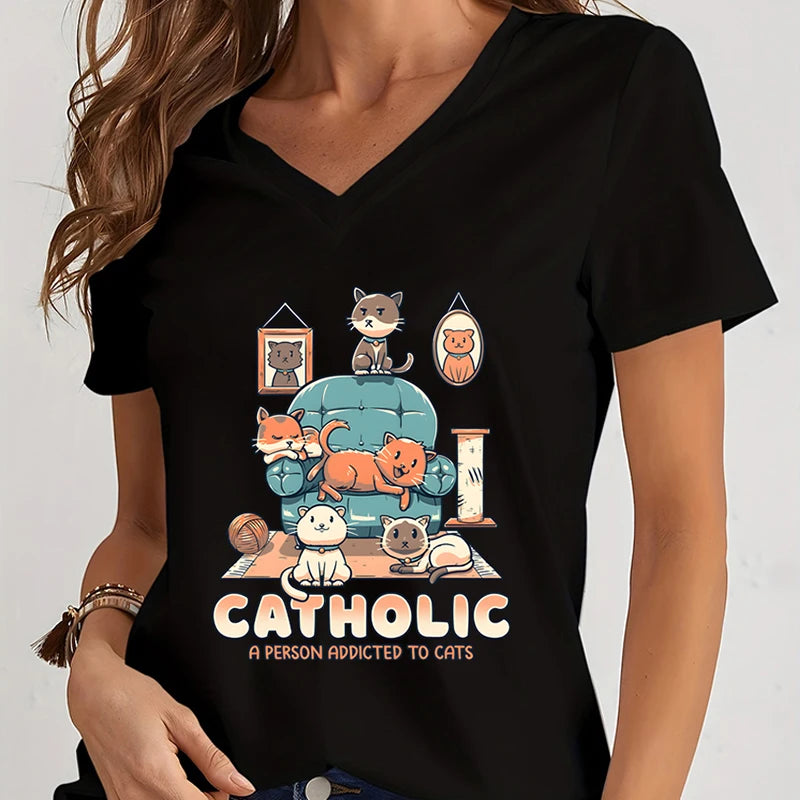 Catholic Means Addicted To Cats Cartoon Anime Clothes for Women V-neck Kawaii Tee Clothes Short Sleeve Graphic T Shirts Y2k Top