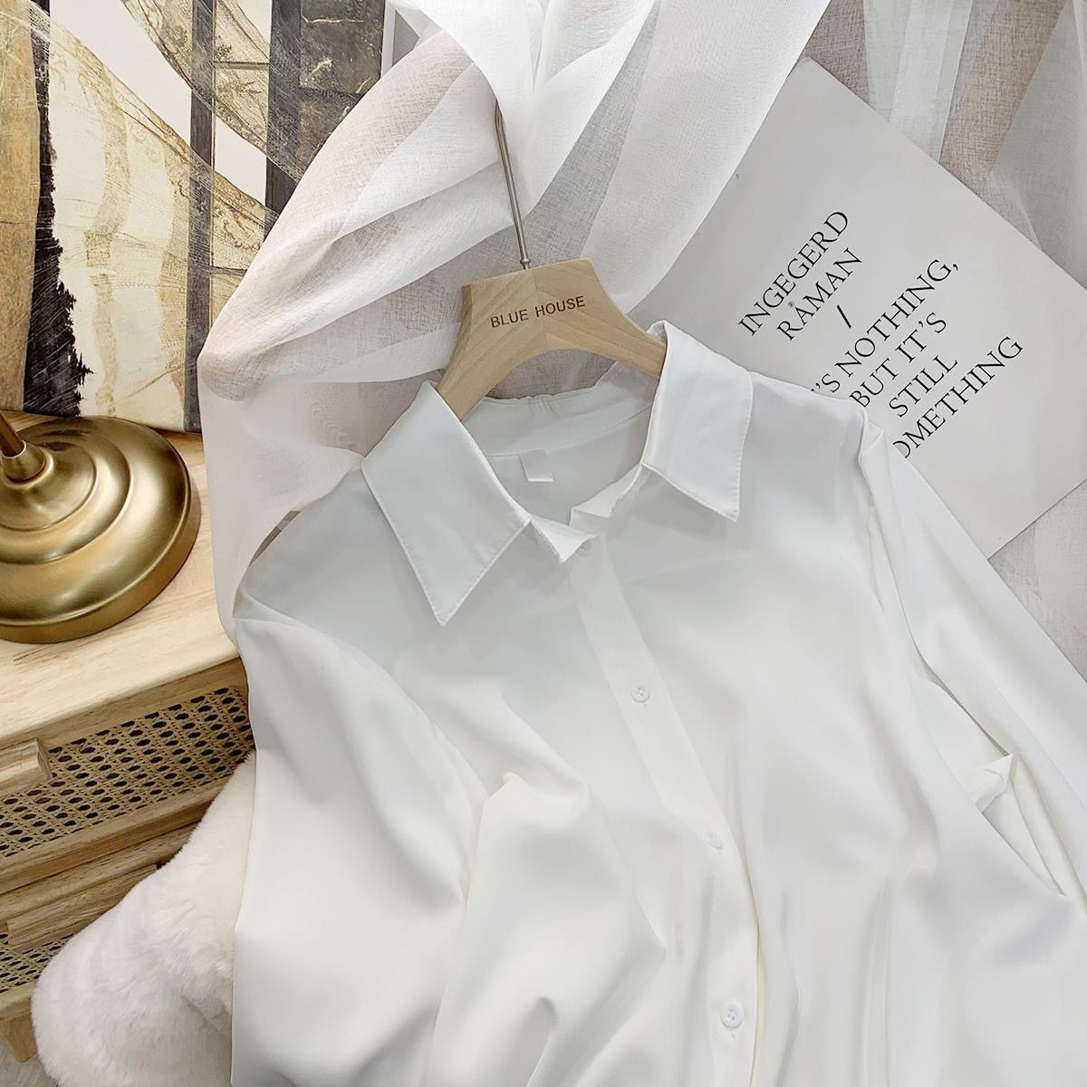 Chiffon Blouse Womens White LongSleeve Tops Spring Shirt Solid Color Niche Loose Shirt Women Plus Sizes