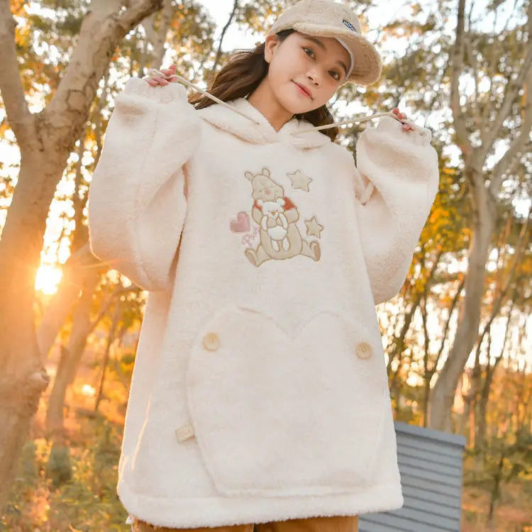 Cute Japanese Teddy Bear Hooded Lamb Cashmere Hoodie for Women in Autumn and Winter Niche Loose and Versatile Coat on Clothes