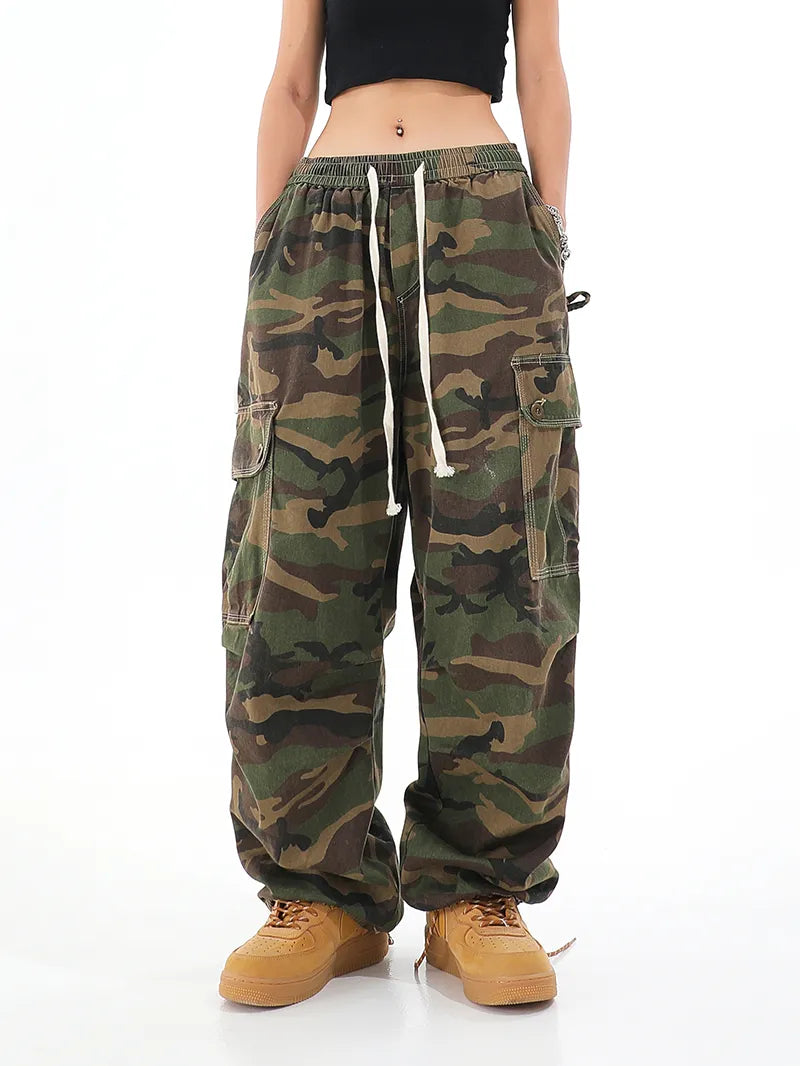 2022 Camouflage Women Cargo Pants Grunge Elastic Waist Hip Hop Sweatpants Unisex Joggers Trousers Vintage Pockets Wide Leg Pants