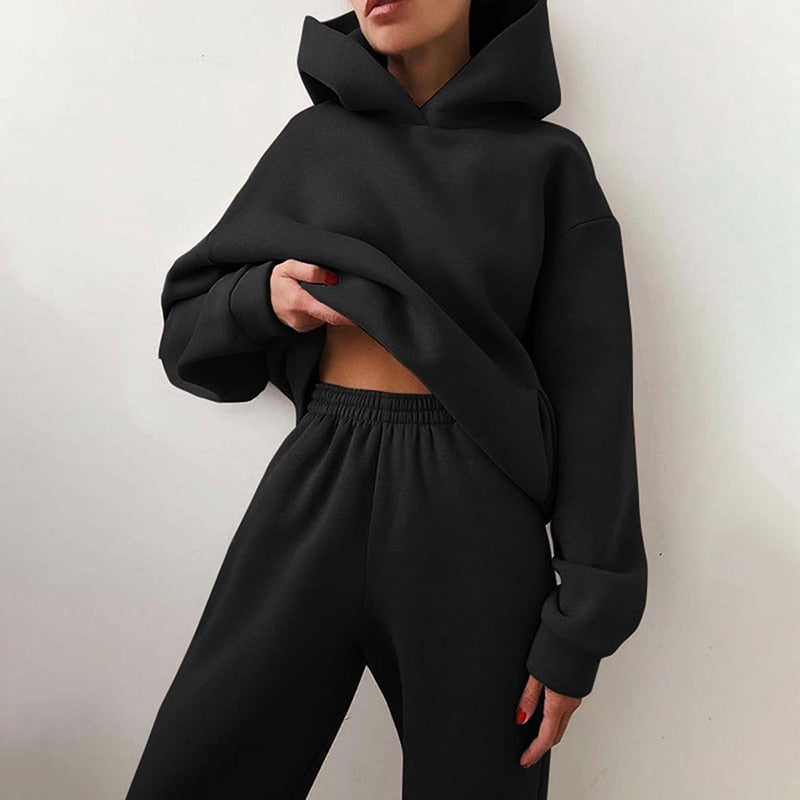 Women Two Piece Sets Tracksuit Autumn Casual Solid Long Sleeve Hoodie Sweatshirts Female Oversized Trouser Suits