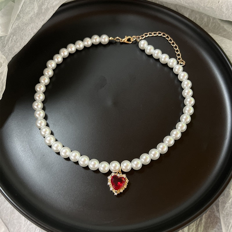 Vintage Red Crystal Heart Pendant Choker Necklaces For Women Baroque Pearl Wedding Aesthetic Jewellery