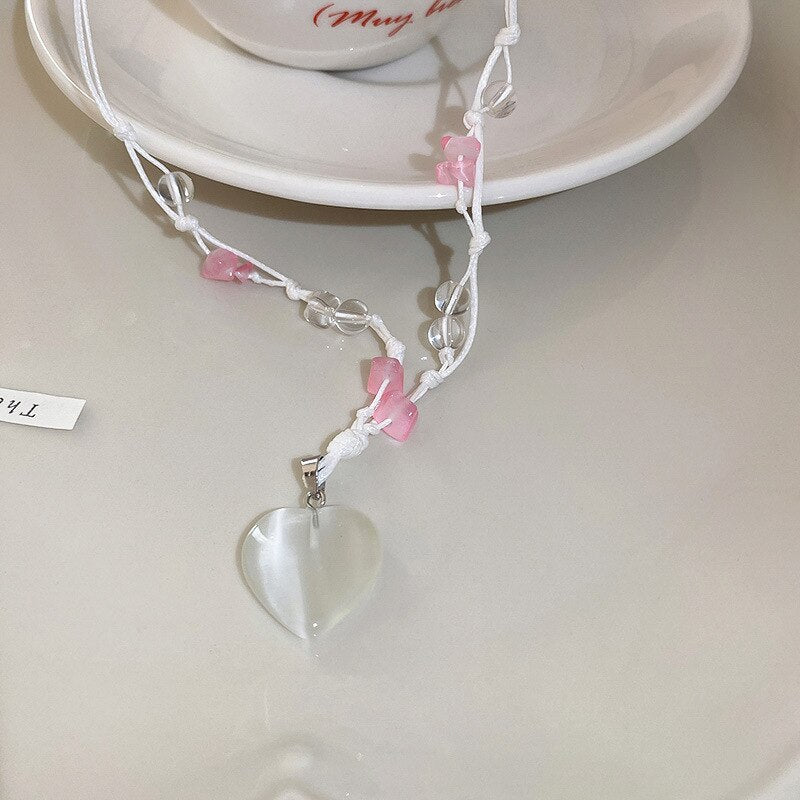 Y2K Accessories Butterfly Beaded Splice Heart Pendant Necklace Pink Crystal Egirl Sweet Cool Chain Aesthetic Jewelry