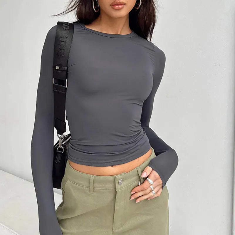Women Casual Long Sleeve T-Shirts Spring Autumn Solid Slim Fit Pullovers Tees Shirts Female Streetwear Base Tees Tops  Casual
