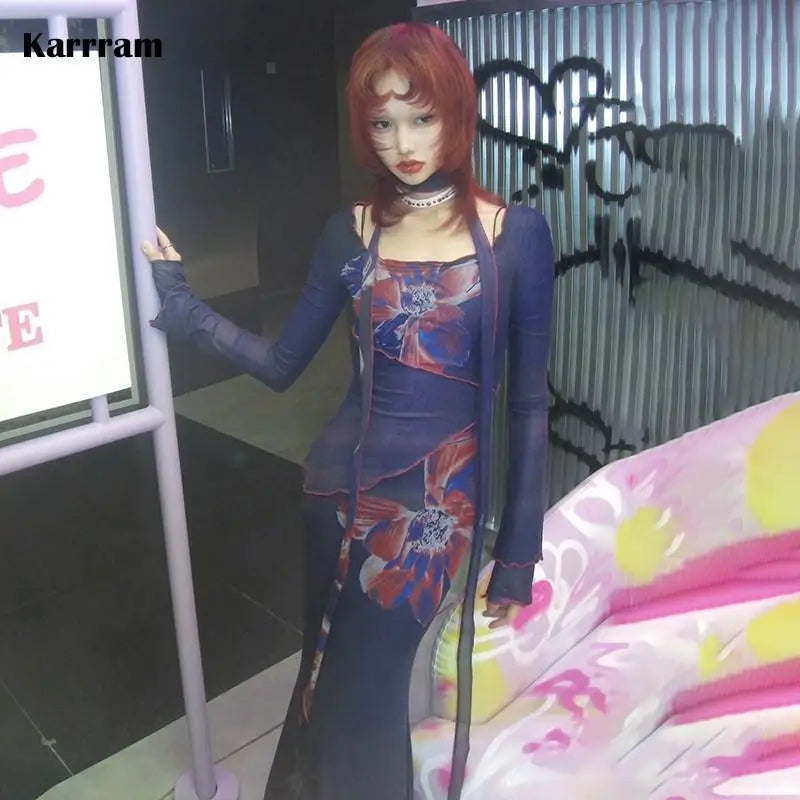 Karrram Japanese Y2k Mesh Long Dress Vintage Female Party Dresses 2000s Aesthetics Long Sleeve Bodycon Dress Prom Purple Grunge