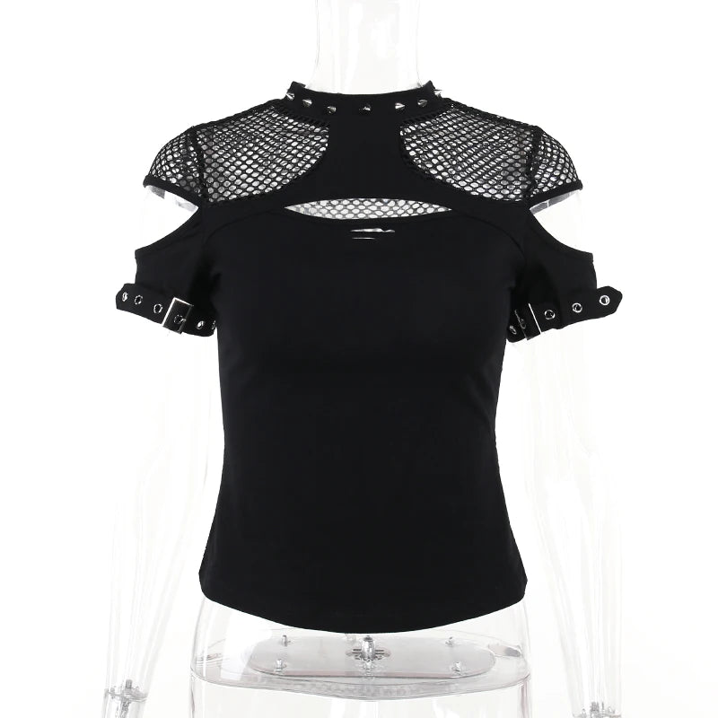 Goth Dark Mall Gothic Fishnet Patchwork Blouses Grunge Punk Aesthetic Hollow Out T-shirts Women Rivet Sexy Sheer Alt Streetwear