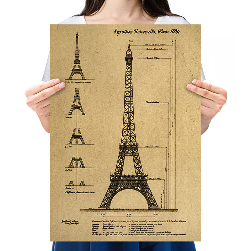 Klassisches architektonisches Poster, Paris, Eiffelturm, ein Retro-Kraftpapier-Poster, Heimdekoration, Malerei, klebstofffreie Wandaufkleber, Kindergeschenke