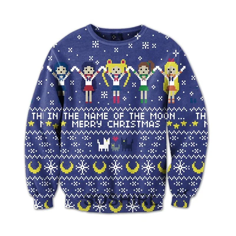 In The Name of The Moon Merry Xmas Sweatshirt Funny Kawaii Hoodie Ugly Christmas Harajuku Pullovers Anime Hip Hop Streetwear