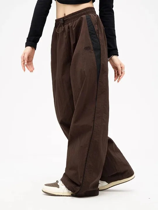 Women Spring Retro Solid Loose Drawstring Trousers Casual Joggers Baggy Wide Leg Sweatpants Mid Waist Sporty Y2k Female Clothes