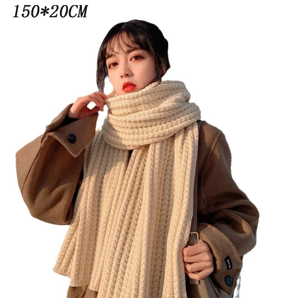 Korean Women Winter Solid Colors Knit Wool Thickening Scarf Snap Fastener Thermal Neck Warmer Men Fleece Ski Motorcycle Scarf