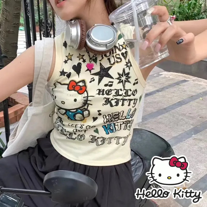 Sanrio Hello Kitty Women Camisole Y2k Sexy Summer Girl Cartoon Cute Basic Elastic Tank Top  Solid Tank Top Casual Basic Camisole