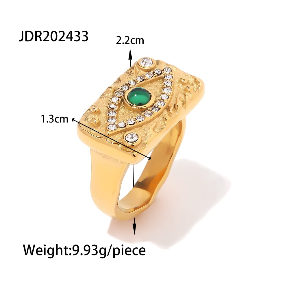 Waterproof 18K Gold Plated Stainless Steel Rings Jewelry Set Cubic Zirconia Malachite Eye Pendant Necklace boucle oreille