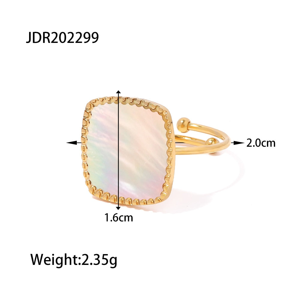 Retro Charm Stainless Steel Jewelry 18k Gold Plated White Mother of Pearl Rectangle Finger Opening Rings mooi en elegant
