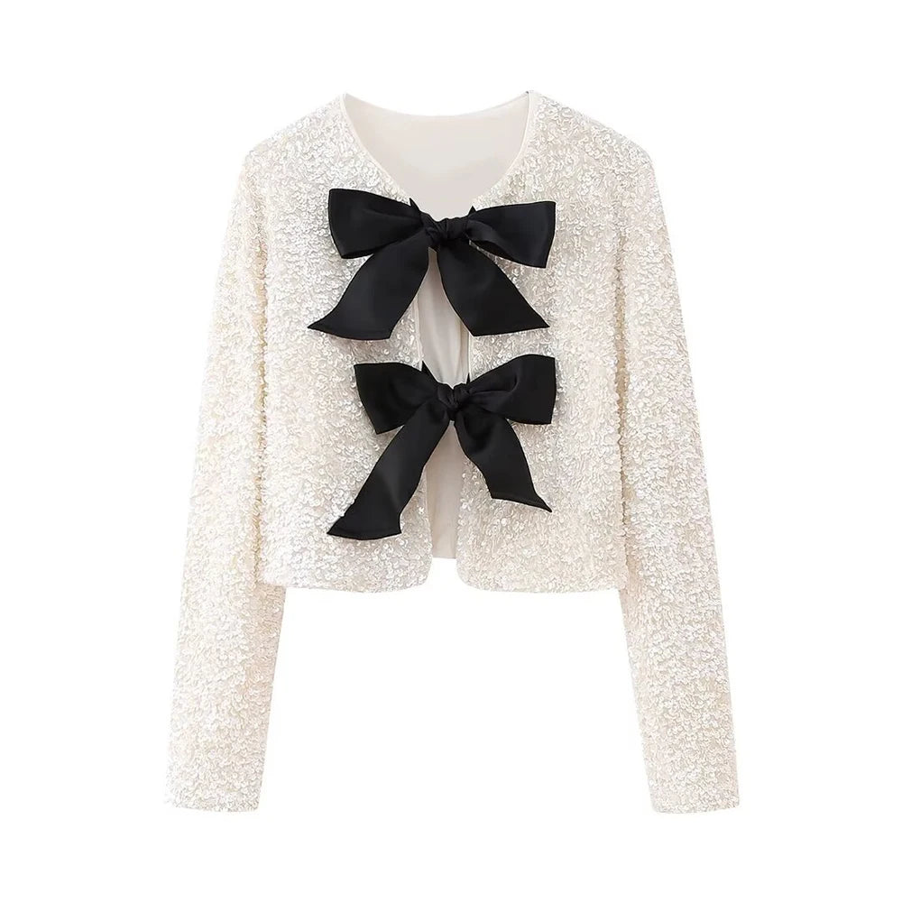 Women's shirt jacket  autumn and winter new style bow tie closure sequin decorated long-sleeved round neck blouse