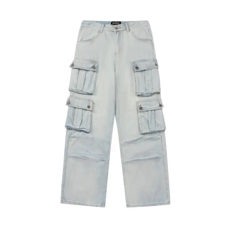 Hip-hop street white multi-pocket jeans for women  autumn winter street straight washed design floor-length wide-leg pants
