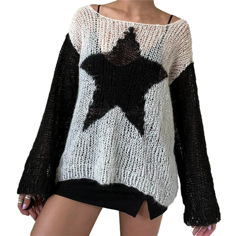 Xingqing Gothic Sweater Punk y2k Aesthetic Women Star Print Long Sleeve Tops Hollow Out Knitted Pullovers Fairy Grunge Clothes