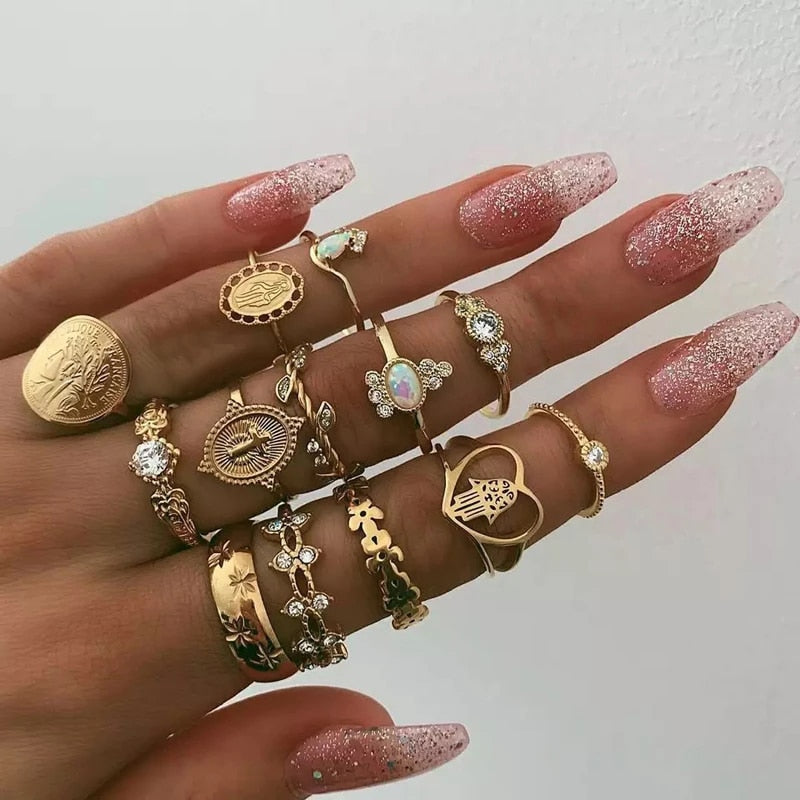 15pcs/set Bohemian Gold Virgin Mary Heart Flower Kunckle Midi Ring Set for Women Crystal Geometric Jewelry Anillo