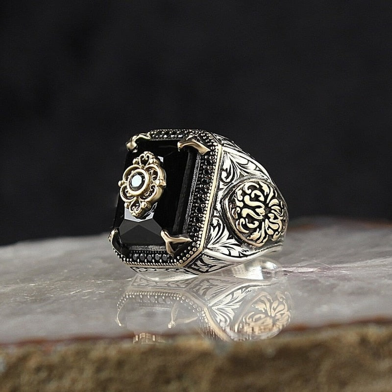 vintage Handmade Turkish Signet Ring For Men Women Ancient Silver Carved Eagle Ring Green Zircon Inlay Punk Motor Biker