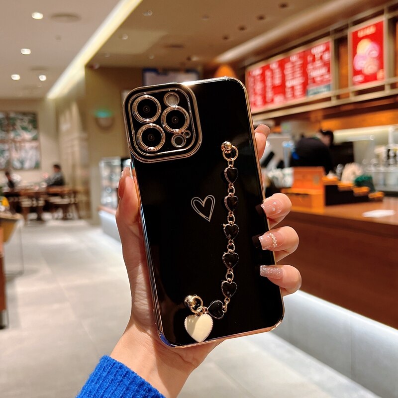 Soft Electroplated Love Heart Case For iPhone 11 12 13 14 Pro Max XS X XR 7 8 Plus SE 2020 Silicone Bracelet Bumper Back Cover