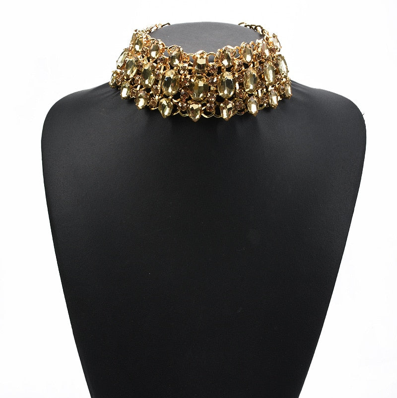 Multi Layered Crystal Choker Necklace Gold Silvery Big Bib Large Collar Statement Necklace Boho Ethnic Jewelry