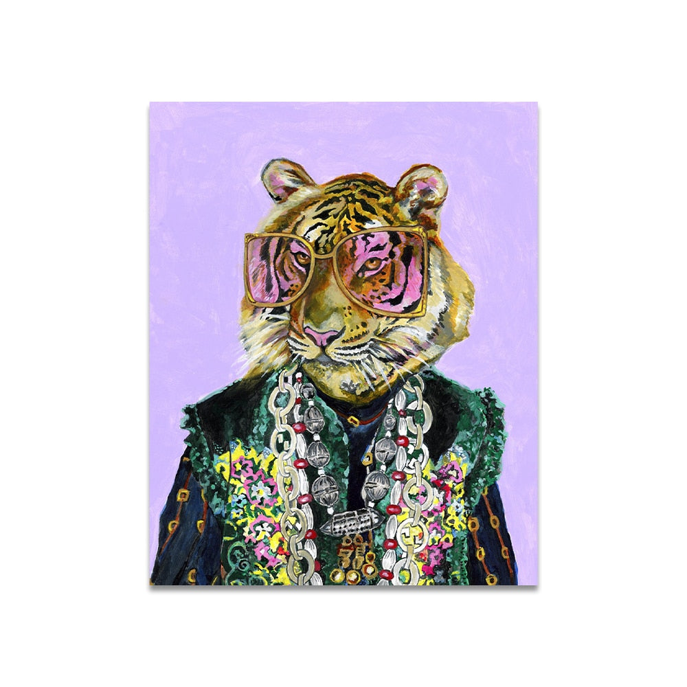 Modern Pop Art Animals Poster Print on Canvas Wall Art Leopard, Lion, Tiger Portrait with Fashion Clothing Pictures Room Decor