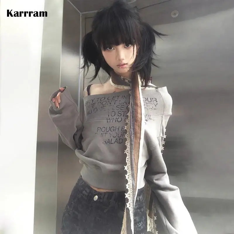 Karrram Japanese Y2k Off Shoulder Pullover Vintage Harajuku Slash Neck Tops Grunge Letter Print Long Sleeve T Shirt Korean Style