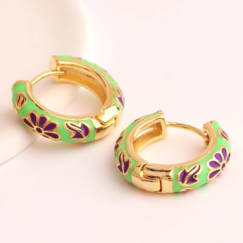 Gold Filled Enamel Flower Daisy Chunky Round Circle Hoop Earrings Female Gold Color Copper Ear Buckle Huggies Jewelry for Women