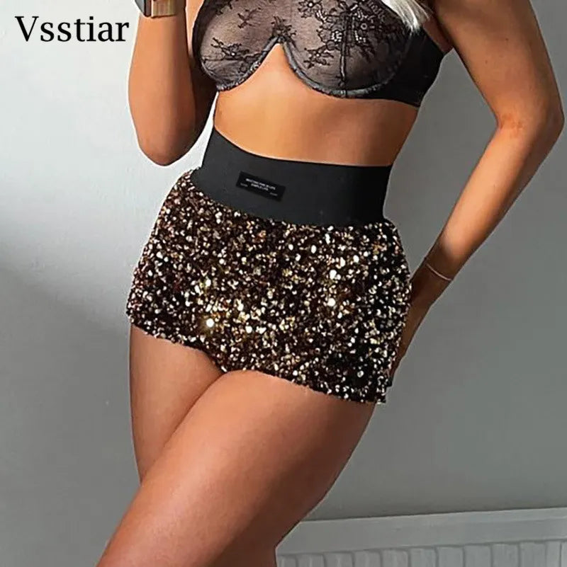 Vsstiar High Waist Mini Shorts New Fashion Sequined Glitter Clothing Sexy Skinny Party Nightclub Women Shorts