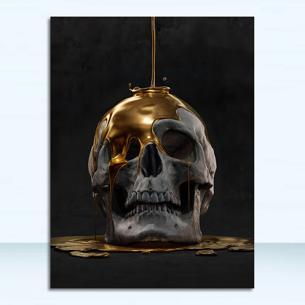 Abstract Metal Skull Statue Canvas Golden Prints Posters Painting Wall Art Pictures for Living Room Home Decor No Frame Cuadros