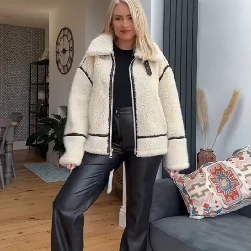 Fashion Patchwork Furry Jacket For Women Gentle Panelled Thick Warm Lambswool Fleece Coat Fashion Zipper Pocket Lady Outwear