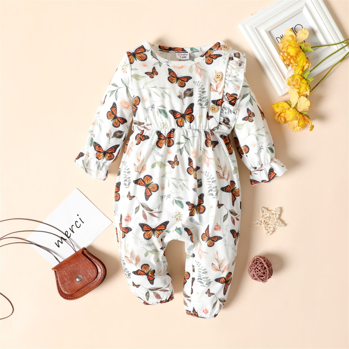 Baby Mädchen Langarm Overall Baby Strampler Frühling und Sommer Baby Mädchen Neugeborene Kleidung Braun/Weiß Schmetterling Rüsche