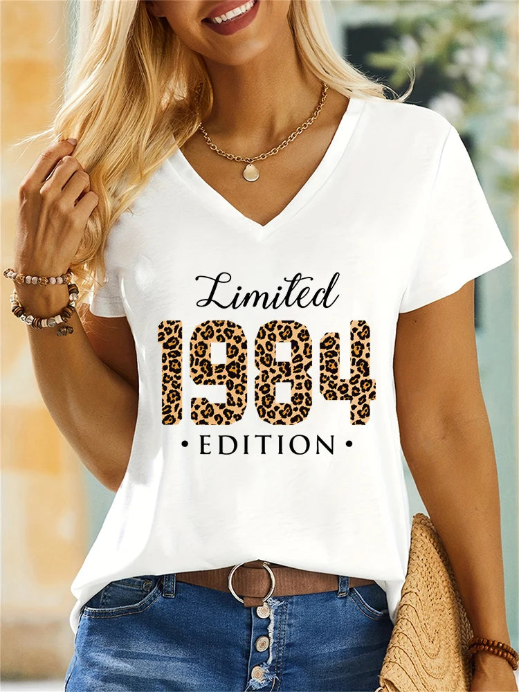 Women New Trend Tshirt Leopard Print Vintage 1981 To 1990 Short Sleeves V Neck Birthday Party T-shirt Vintage Fashion Gift Shirt