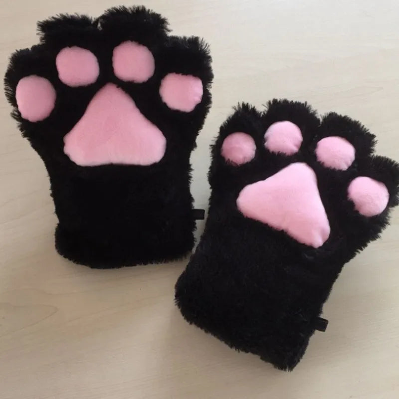 1Pcs Cat Paw Gloves Winter Cute Cartoon Girl Open Finger Gloves Thickened Fluffy Bear Paw Half Finger Gloves