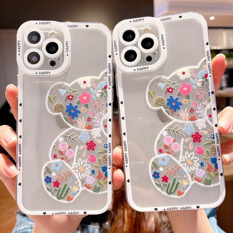 Soft Cartoon Flowers Bear Phone Case For iPhone 13 14 Pro Max 12 11 X XS XR 7 8 Plus SE 2020 Mini Transparent Cases Cover
