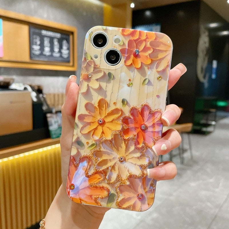 Soft Flower Glitter Laser Phone Case For iPhone 11 12 13 Pro Max X XS XR 7 8 Plus Shockproof Silicone Chrysanthemum Cover