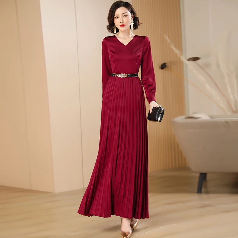 Spring Autumn V-Neck Long Red Dress Long Sleeve Pleated Skirt Dress for Women Party Evening Clothing Ball Gown for New Year