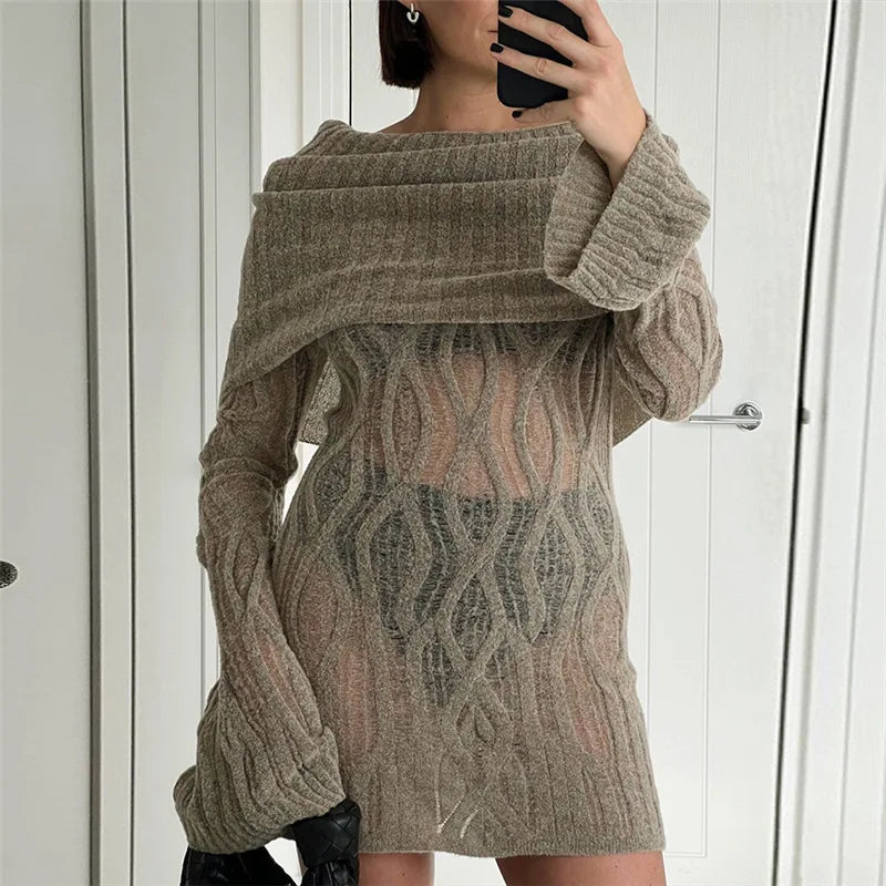Elegant Slash Neck Long Sleeve Crochet Dress Winter Solid Color Perspective Knitted Sweater Temperamental Slim Party Short Dress